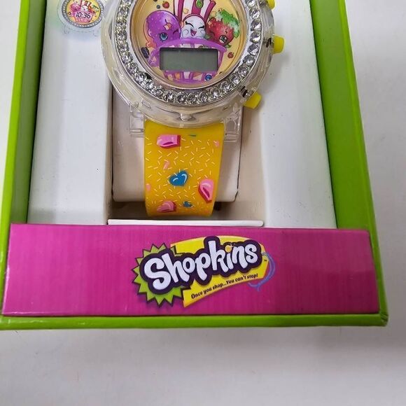SHOPKINS ANALOG LCD FASHION WATCH RUBBER BAND YELLOW CLEAR CRYSTALS NEW - Picture 4 of 6